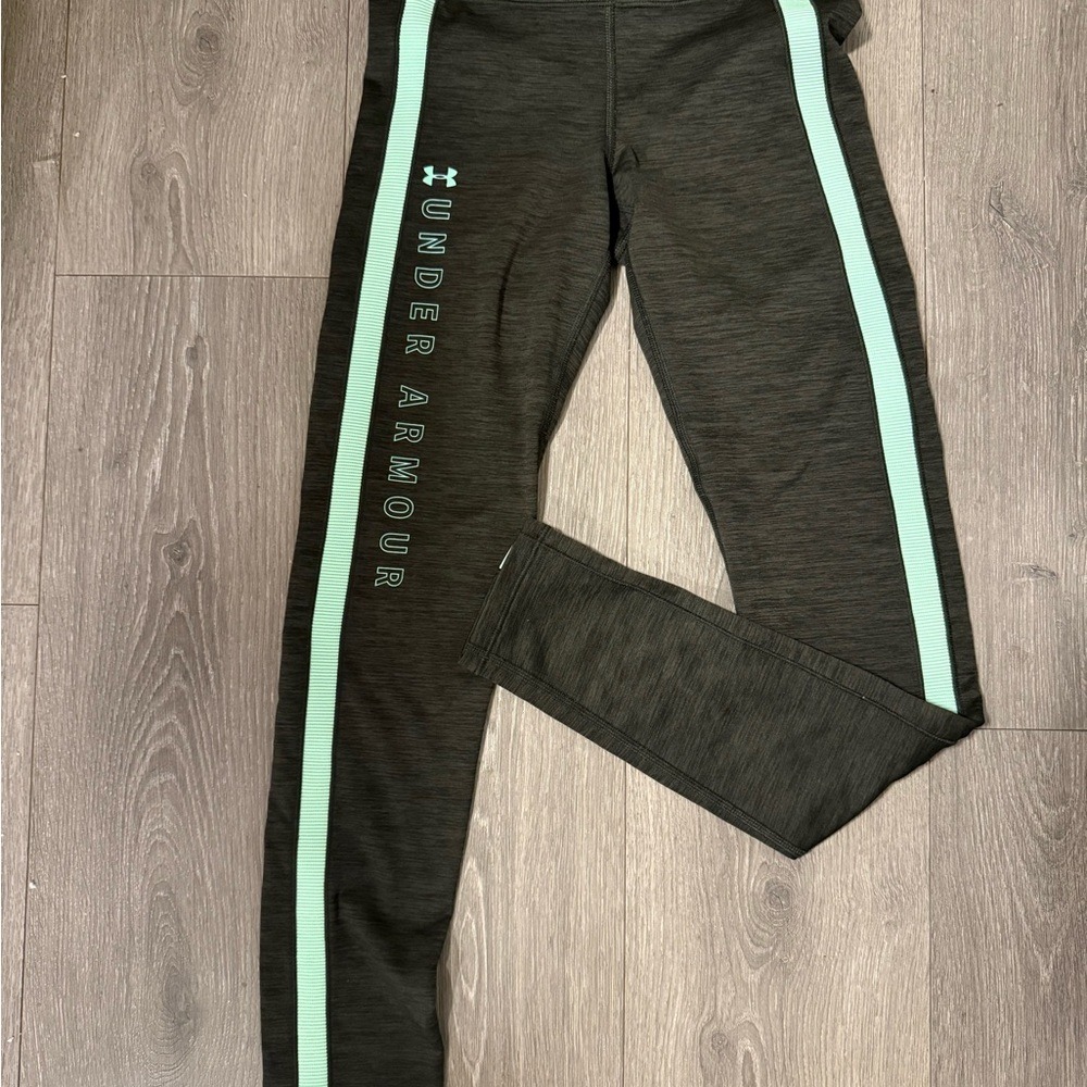 Under Armour Womens HeatGear Leggings Charcoal Gray Mint Green Stripe Small